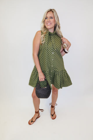 Bluebell Days Denim Dot Tie Neck Button Front Peplum Dress