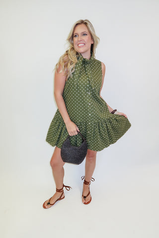Bluebell Days Denim Dot Tie Neck Button Front Peplum Dress