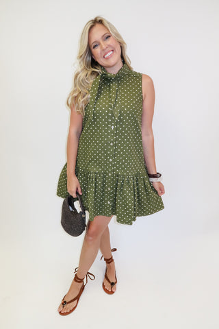 Bluebell Days Denim Dot Tie Neck Button Front Peplum Dress