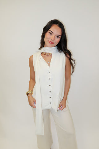 Olive Branch Sleeveless Tie Neck Button Front V-Neck Top