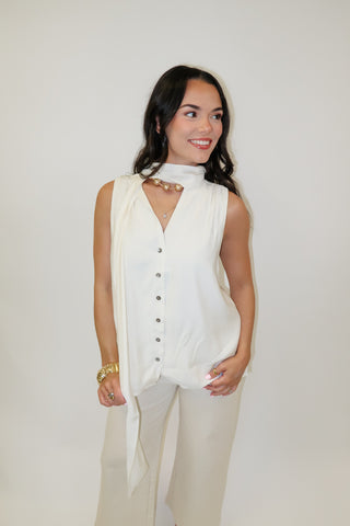 Olive Branch Sleeveless Tie Neck Button Front V-Neck Top