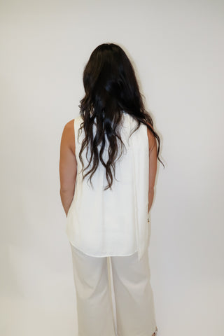 Olive Branch Sleeveless Tie Neck Button Front V-Neck Top