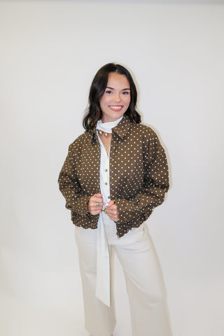 Weekend Wander Brown Polka Dot Zip Front Bomber Jacket
