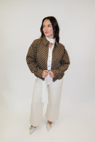Weekend Wander Brown Polka Dot Zip Front Bomber Jacket