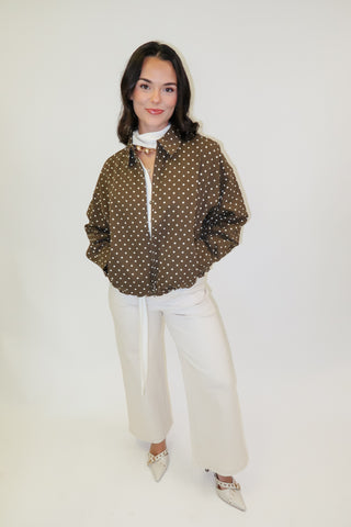 Weekend Wander Brown Polka Dot Zip Front Bomber Jacket