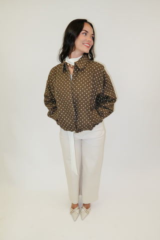 Weekend Wander Brown Polka Dot Zip Front Bomber Jacket