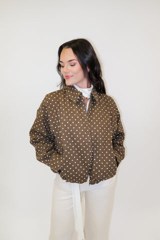 Weekend Wander Brown Polka Dot Zip Front Bomber Jacket