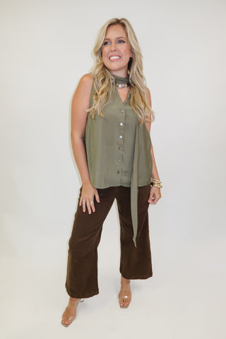 Olive Branch Sleeveless Tie Neck Button Front V-Neck Top