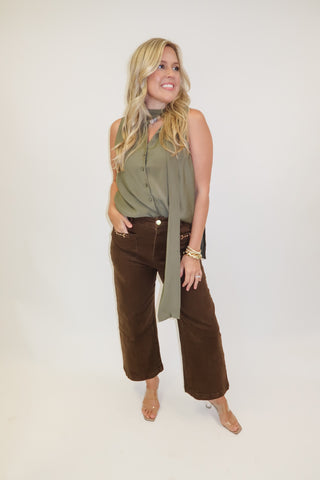 Olive Branch Sleeveless Tie Neck Button Front V-Neck Top