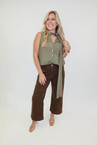 Olive Branch Sleeveless Tie Neck Button Front V-Neck Top