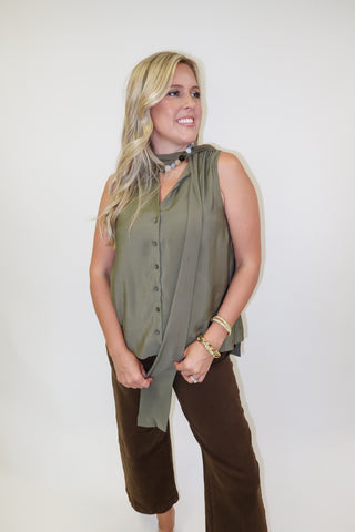 Olive Branch Sleeveless Tie Neck Button Front V-Neck Top