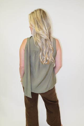 Olive Branch Sleeveless Tie Neck Button Front V-Neck Top