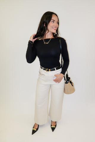 Second Nature Knit Drape Neck Long Sleeve Fitted Stretch Top