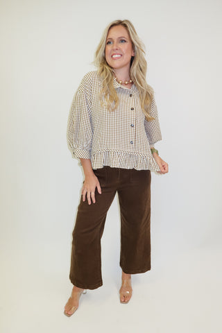 Sweet Escape Pucker Check Ruffle Peplum Top