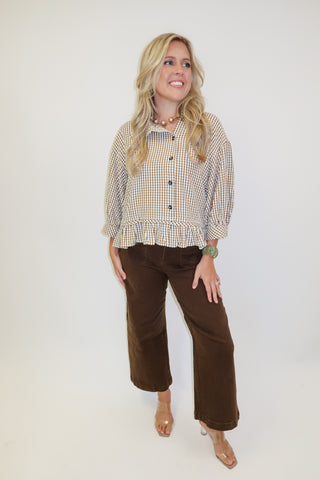 Sweet Escape Pucker Check Ruffle Peplum Top