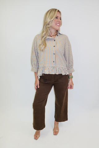 Sweet Escape Pucker Check Ruffle Peplum Top