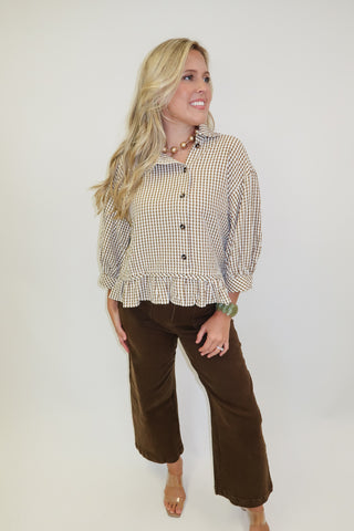 Sweet Escape Pucker Check Ruffle Peplum Top