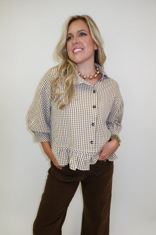 Sweet Escape Pucker Check Ruffle Peplum Top