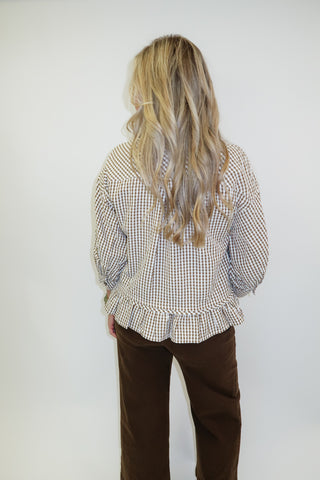 Sweet Escape Pucker Check Ruffle Peplum Top