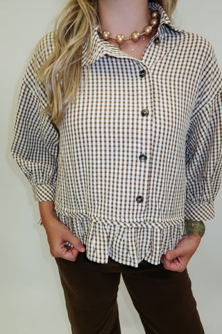Sweet Escape Pucker Check Ruffle Peplum Top