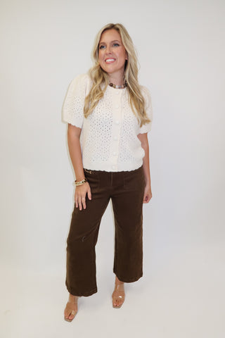 Soft Spoken Pointelle Short Sleeve Cardigan with Covered Buttons