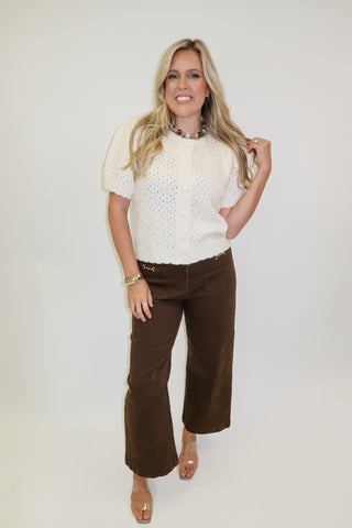 Soft Spoken Pointelle Short Sleeve Cardigan with Covered Buttons