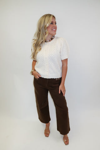 Soft Spoken Pointelle Short Sleeve Cardigan with Covered Buttons
