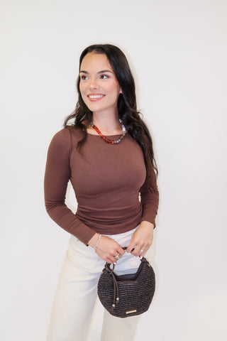 Found My Favorite Brown Knit Long Sleeve Boat Neck Tee