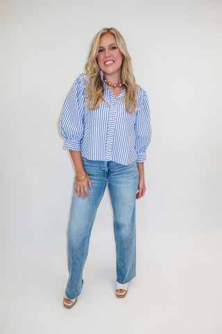 Classic Company Navy Stripe Puff Sleeve Button Front Top