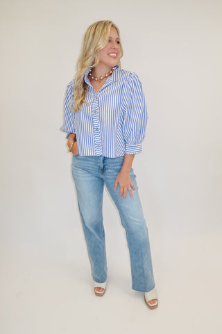 Classic Company Navy Stripe Puff Sleeve Button Front Top