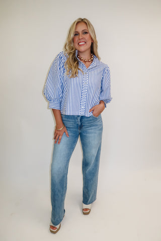 Classic Company Navy Stripe Puff Sleeve Button Front Top