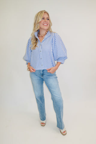 Classic Company Navy Stripe Puff Sleeve Button Front Top