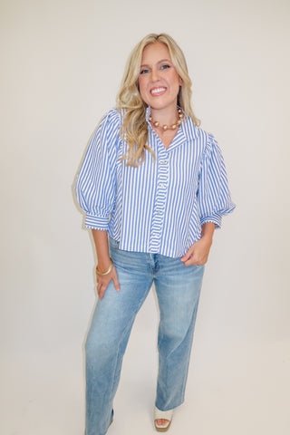 Classic Company Navy Stripe Puff Sleeve Button Front Top