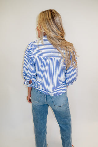 Classic Company Navy Stripe Puff Sleeve Button Front Top