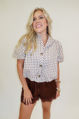 Countryside Charm Check Puff Sleeve Top