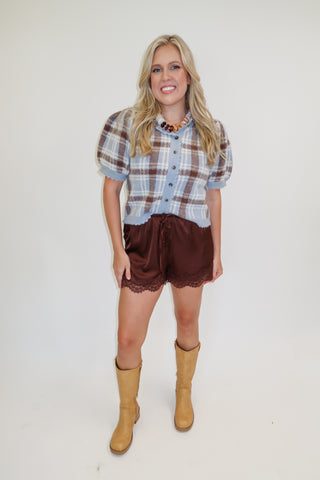 Pumpkin Patch Plaid Puff Sleeve Cardigan