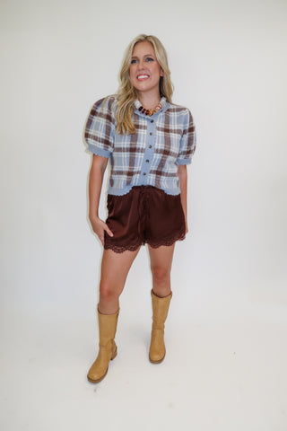 Pumpkin Patch Plaid Puff Sleeve Cardigan