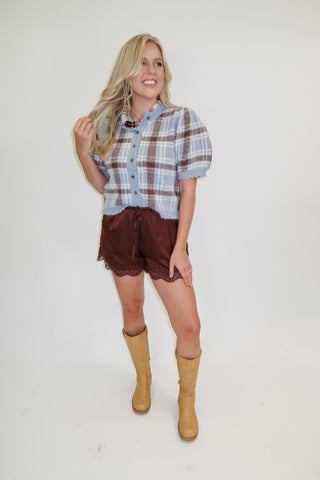 Pumpkin Patch Plaid Puff Sleeve Cardigan