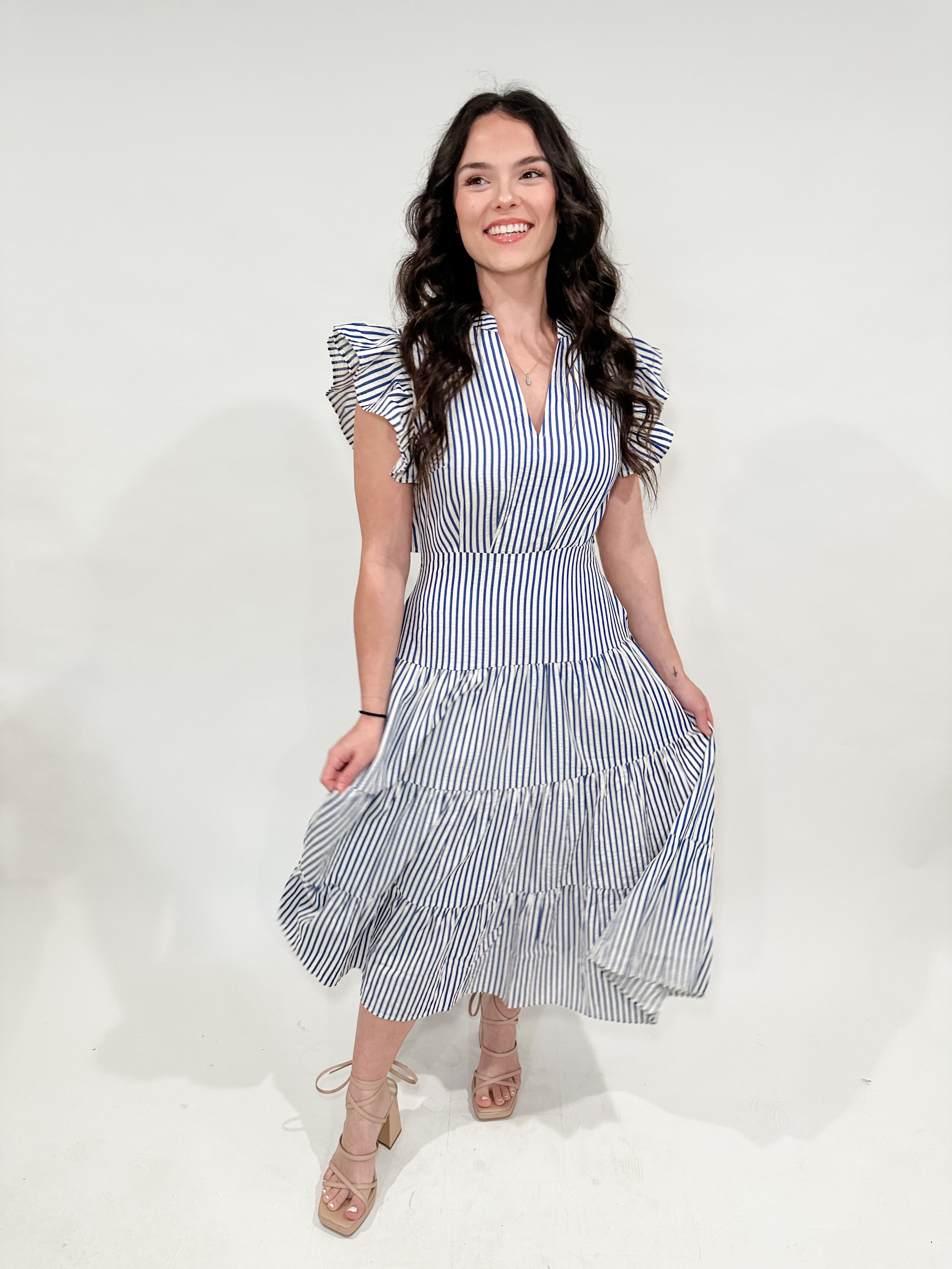 Flutter Sleeve Stripe Midi Dress