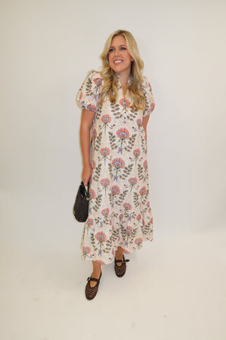 Autumn Bloom Floral Eyelet Midi Dress