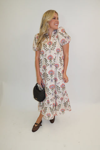 Autumn Bloom Floral Eyelet Midi Dress
