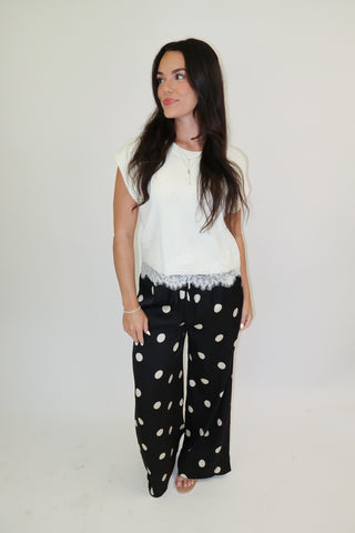 Fine Print Lace Trim Knit Top