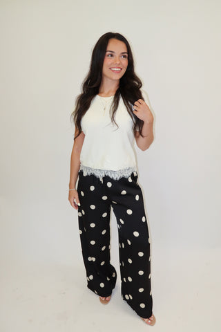 Fine Print Lace Trim Knit Top