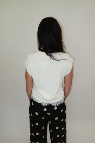 Fine Print Lace Trim Knit Top