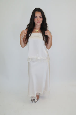 A Little Romance Satin Lace Midi Skirt