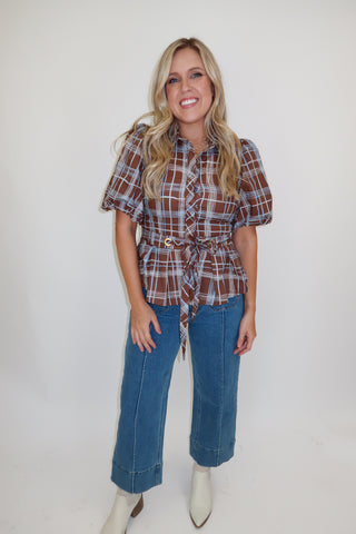 Plans Pending Plaid Tie Waist Top