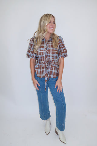 Plans Pending Plaid Tie Waist Top