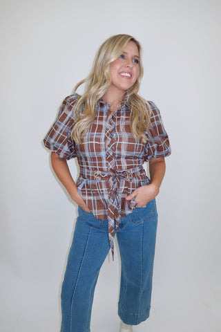 Plans Pending Plaid Tie Waist Top
