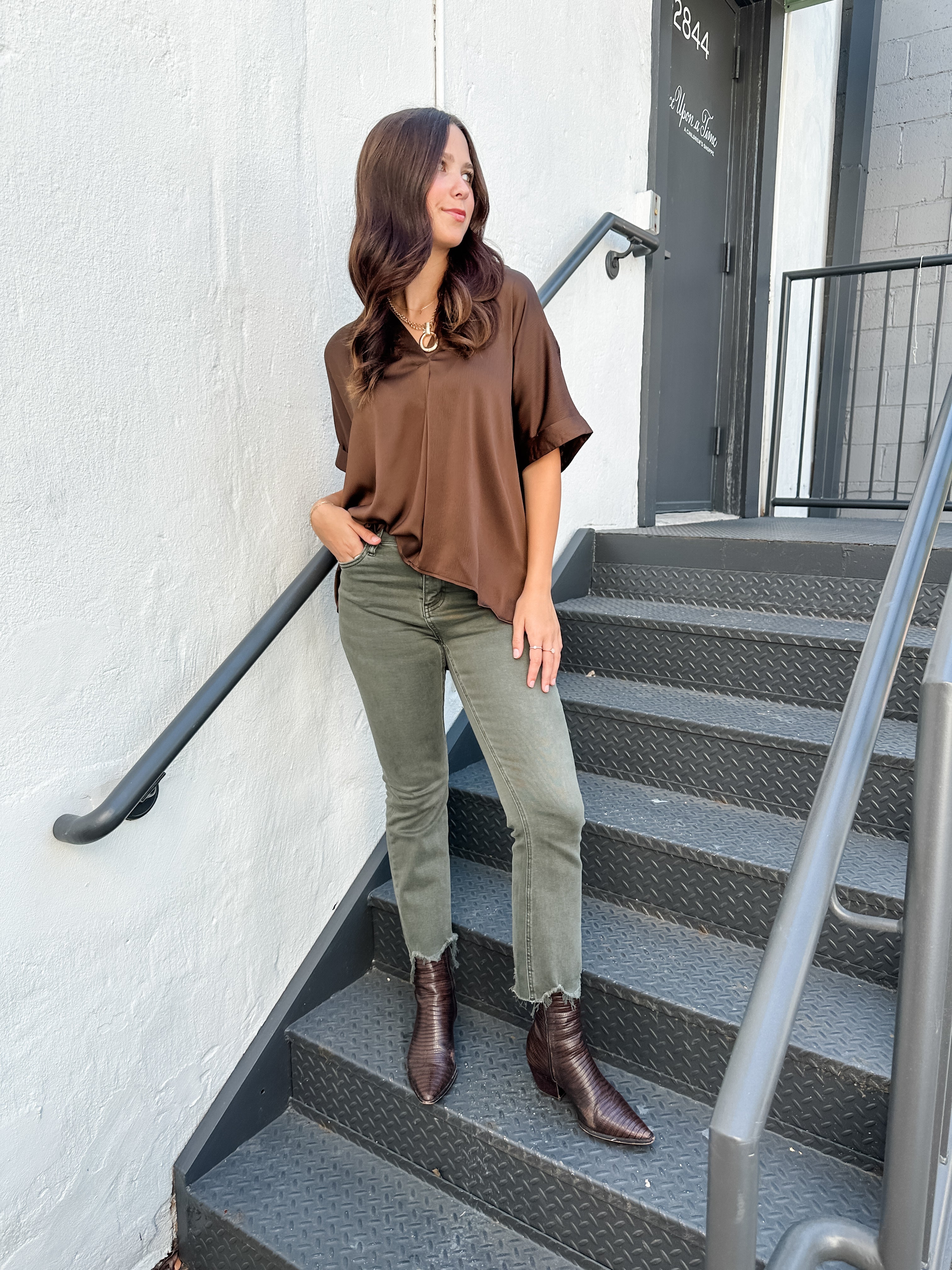 Silky V-Neck Cuffed Top