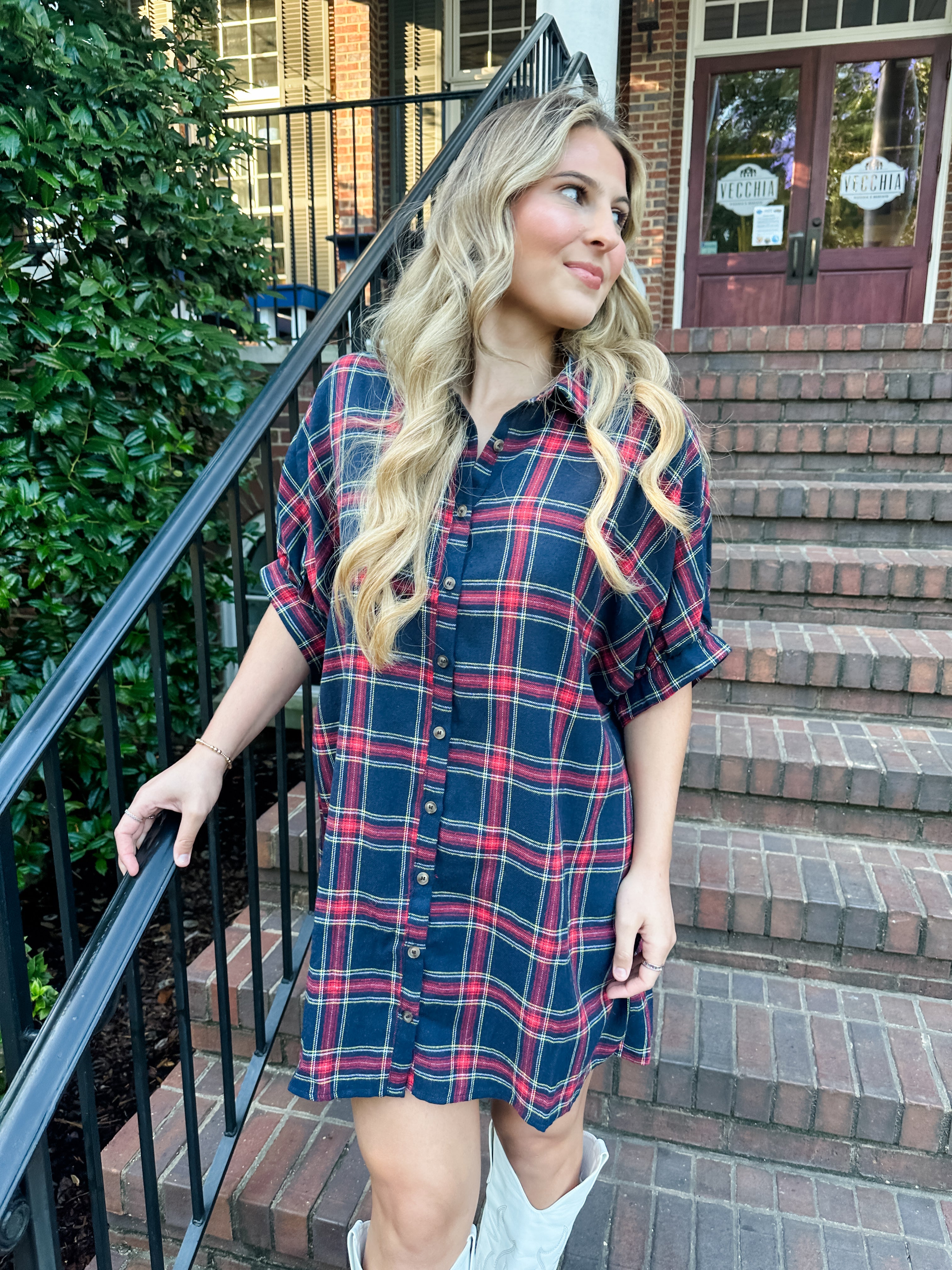 Button Front Plaid Dress